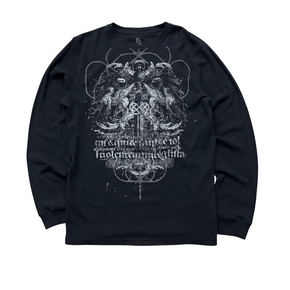 Y2K Destruction Black Long Sleeve Thermal Shirt Sword Goth Grunge MMA L